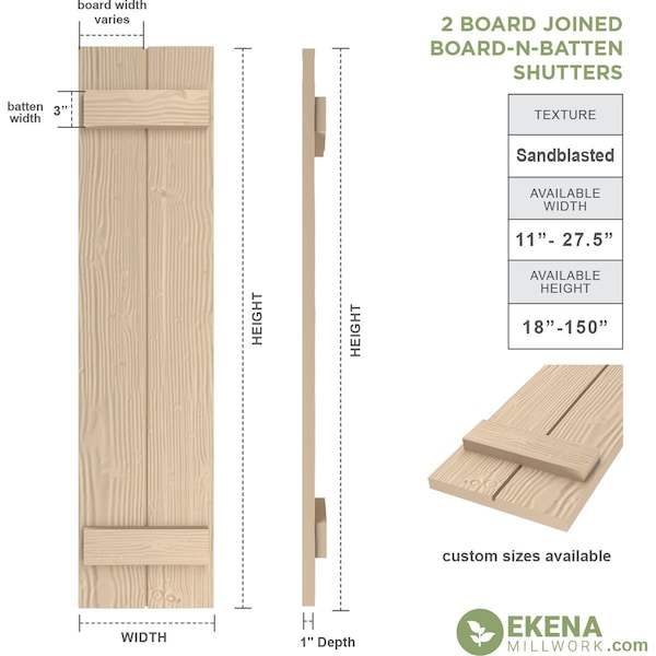 Rustic Two Board Joined Board-n-Batten Sandblasted Faux Wood Shutters, 11W X 52H